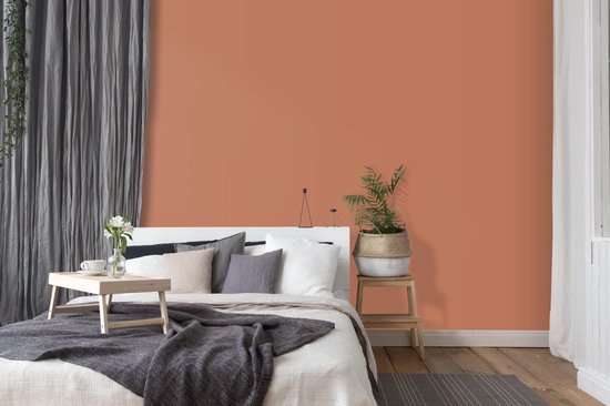 Slaapkamer met bed, grijze gordijnen en een muur in mat toscaans oranje.