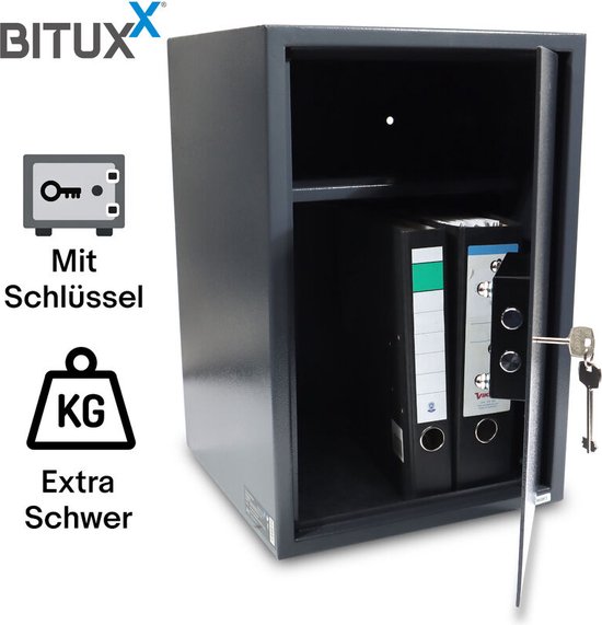 Donkergrijze BITUXX kluis met sleutel, "Extra Schwer" pictogrammen, twee ordners binnenin.