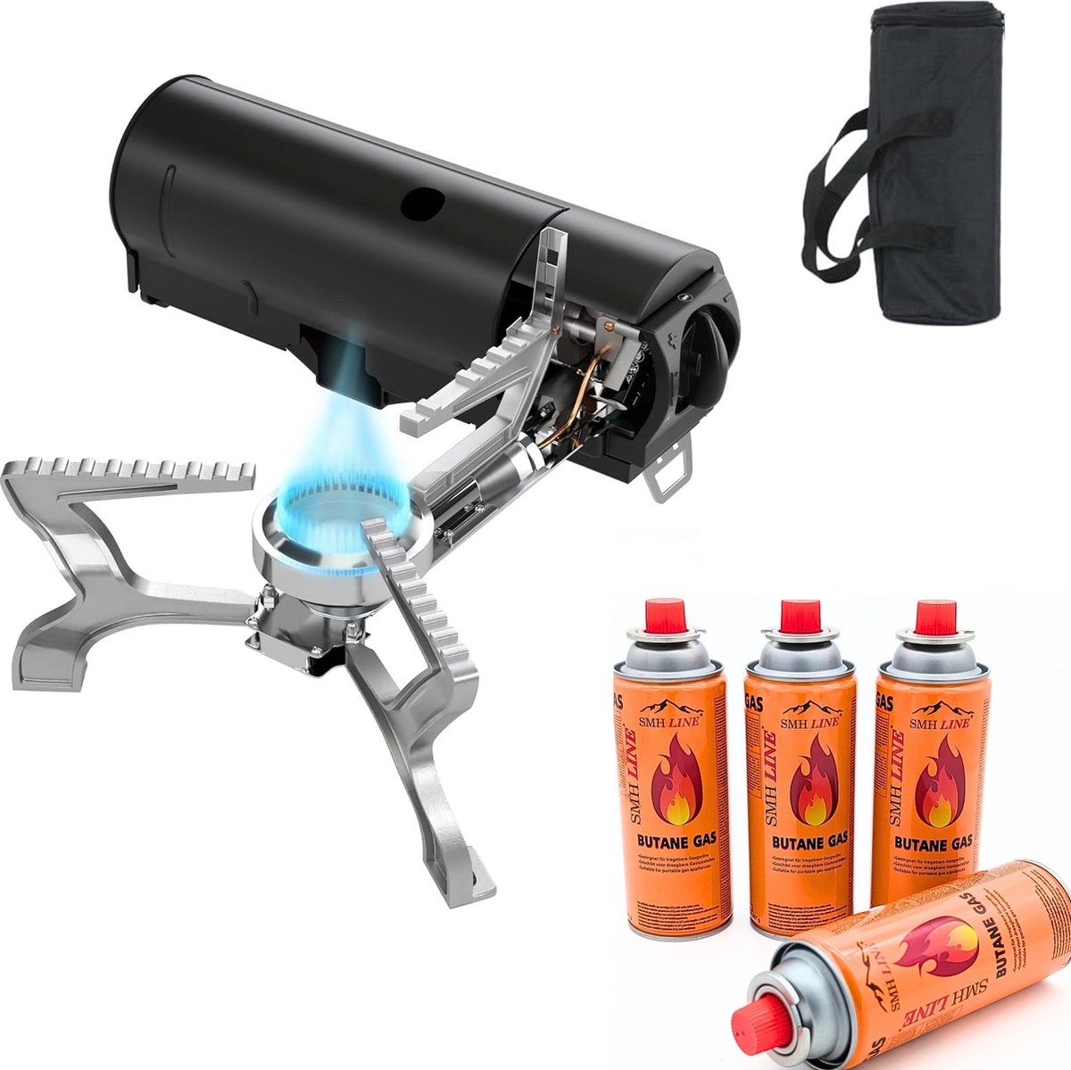 SMH LINE® Dubbele Camping kooktoestel - 2 Pits - 2x 2500W - Incl. 12x gasflessen