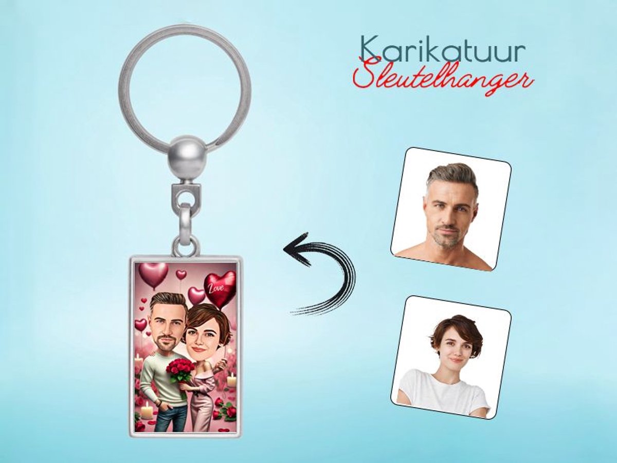 Liefdeskoppel met Kaarslicht en Ballonnen - Gepersonaliseerde Karikatuur Sleutelhanger - Gepersonaliseerd Cadeau - Met Jouw Foto - Verjaardag - Kerst - Valentijn - Uniek en Handgemaakt - Cadeau - Huwelijk - Moederdag - Vaderdag - Jubileum -