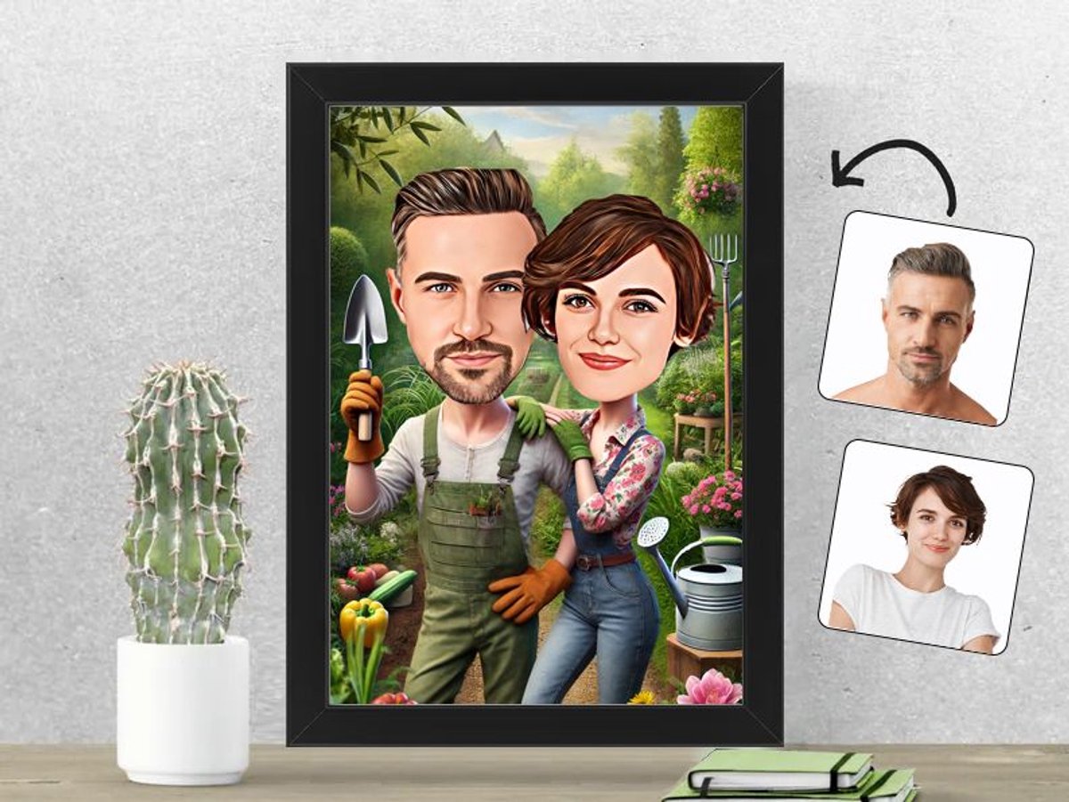 Tuinieren Karikatuur - Vrolijk Stel in een Groen Paradijs - Gepersonaliseerde Karikatuur Fotolijst 21x30 cm - Gepersonaliseerd Cadeau - Met Jouw Foto - Verjaardag - Kerst - Valentijn - Uniek en Handgemaakt - Cadeau - Verjaardag - Kerst - Kado - Valen