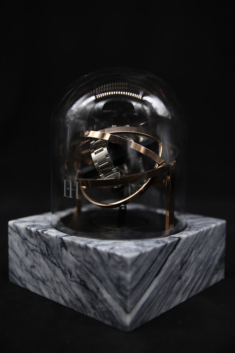 Tourbillon horlogeopwinder in grijs Emperador marmer en rosegoud stalen ringen - Elbrus Horology - Gyrowinder Orbit Watch Winder