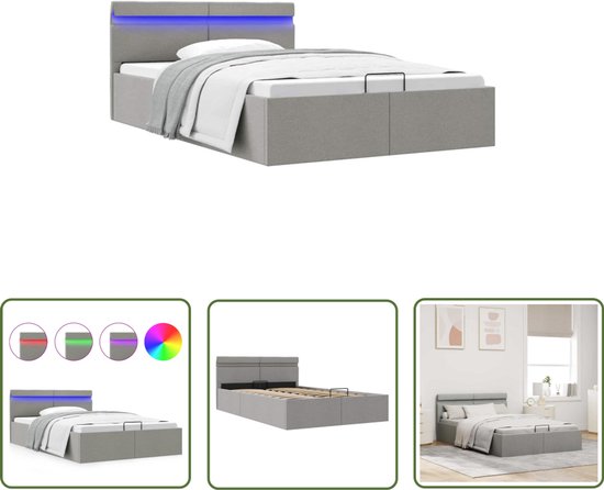 vidaXL Cadre de lit - Espace de rangement et LED - Lit hydraulique 120x200 cm - Lit en tissu - Lit LED - Sommier tapissier - Lit coffre - Lit double - Lit Grijs - Lit minimaliste - Lit moderne