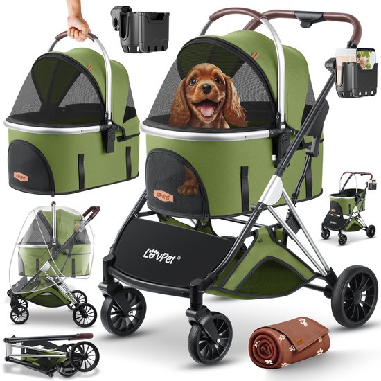 Foto: Lovpet hondenbuggy 3in1 hondenwagen huisdieren wandelwagen buggy met transporttas 360 grote wielen opvouwbare huisdierenbuggy met gaasvensters regenhoes jogger kattenbuggy voor kleine honden katten khaki zilver