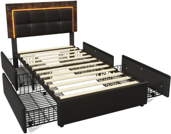 Gestoffeerd bed 90 x 200 cm met 4 laden en verstelbaar hoofdeinde - LED's - PU leer - Zwart (zonder matras