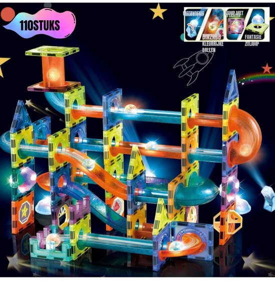 Zylo® Magnetische Knikkerbaan - Magnetic Tiles - Magnetisch Speelgoed - 110 Stuks - 13x9x4cm - Veelkleurig
