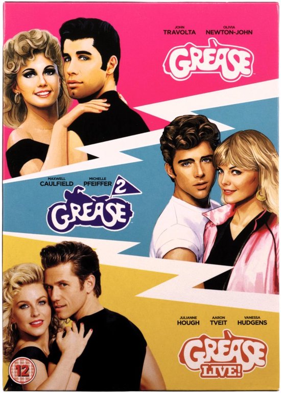 De cover toont drie posters van de Grease films. Boven John Travolta en Olivia Newton-John, midden Maxwell Caulfield en Michelle Pfeiffer, onder Julianne Hough, Aaron Tveit en Vanessa Hudgens.
