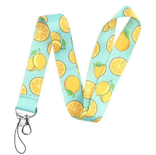 Tour de cou bleu clair avec un motif de citrons jaunes et de rondelles de citron.