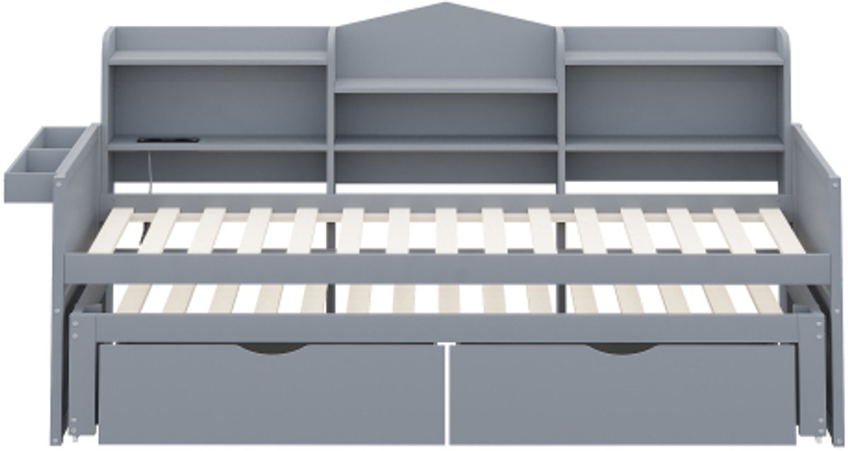 GOTAGEE Slaapbank 90x200, uitschuifbaar bed 90x190 met twee lades, groot opbergvak en opbergmand, USB-aansluiting, eenpersoonsbed van hout, grijs(zonder matras)
