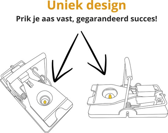 Schematische weergave van een ingestelde en een niet-ingestelde zwarte muizenval met gele hendel.