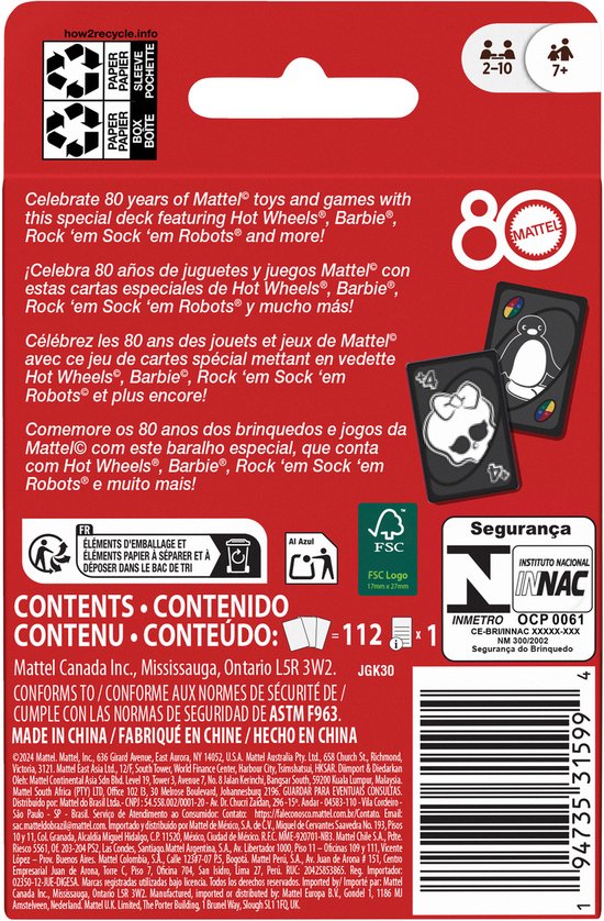 Mattel Mattel 80e anniversaire du jeu de cartes UNO Ruby Red Card Jeux