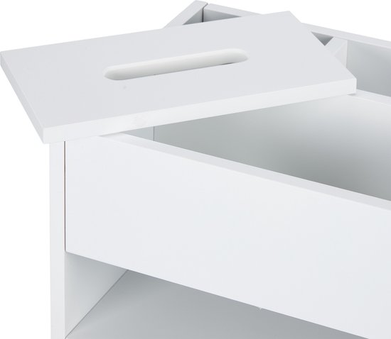 Close-up van een witte opbergkast met een open bovenkant en een gedeeltelijk gesloten deksel.