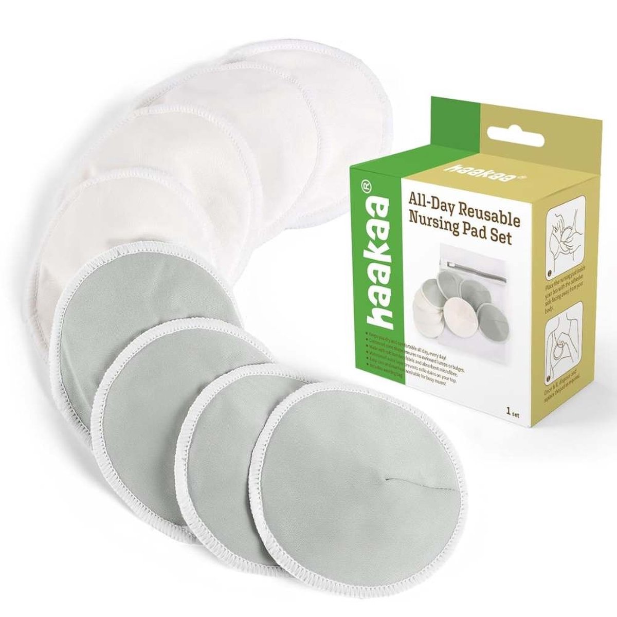 Haakaa - Wasbare Zoogcompressen - herbruikbaar - wit-grijs - 8 stuks