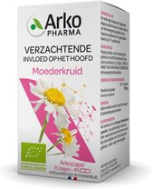 Zijkant van Arkopharma Moederkruid doosje met bloemen en bio-keurmerk. Tekst: 'VERZACHTENDE INVLOED OP HET HOOFD'. 45 capsules.