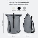 Grijze ONYX rolrugzak, 40-52 cm hoog, 30 cm breed en 14 cm diep, met kleurstalen.