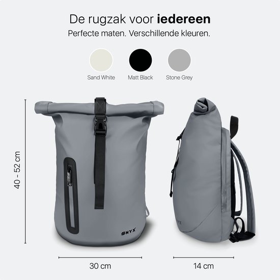 Grijze ONYX rolrugzak, 40-52 cm hoog, 30 cm breed en 14 cm diep, met kleurstalen.