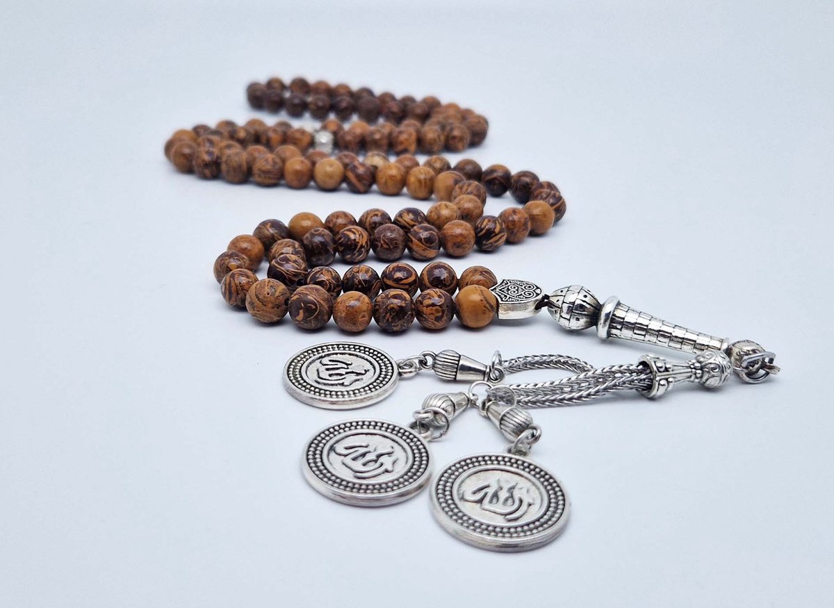 Handgemaakte tesbih "Tasbih" natuursteen "Jaspis van olifantenhuid" - Aantal kralen 99 - Diameter kralen 8MM - met metaal tassel "Allah Alwahid" - Een mooi cadeau-idee