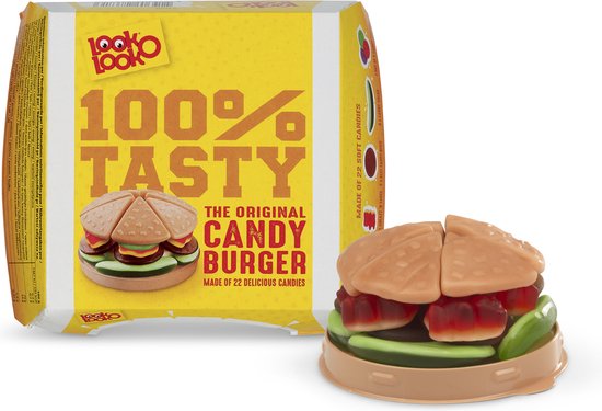 Look-O-Look snoepburger verpakking met naastgelegen snoepburger. De burger bestaat uit 22 snoepjes.