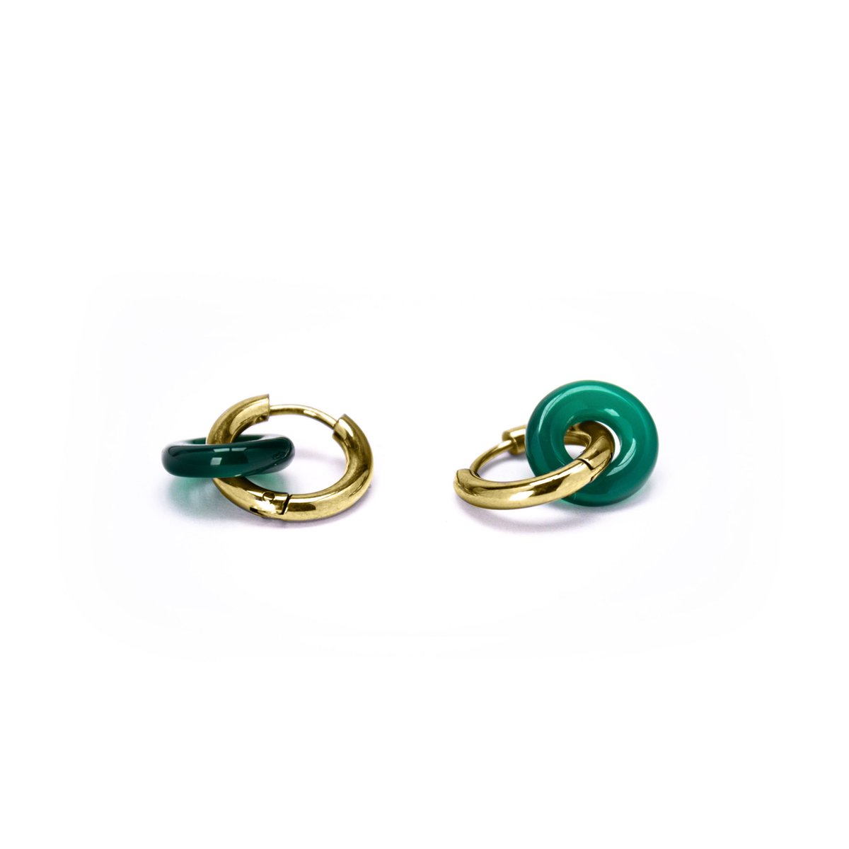 Di Lusso oorringen stainless steel met gouden plating voorzien van agaatdonuts groen