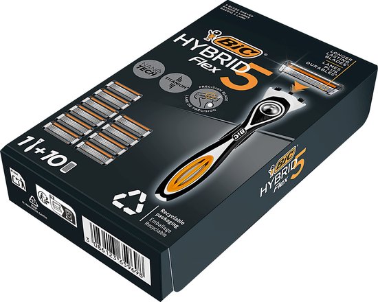 Emballage du rasoir BIC Hybrid 5 Flex, montrant le manche et 10 cartouches de 5 lames en titane.