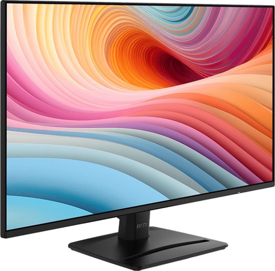 Schuine voor-zijaanzicht van een zwarte MSI monitor met een 27-inch scherm met kleurrijk patroon.