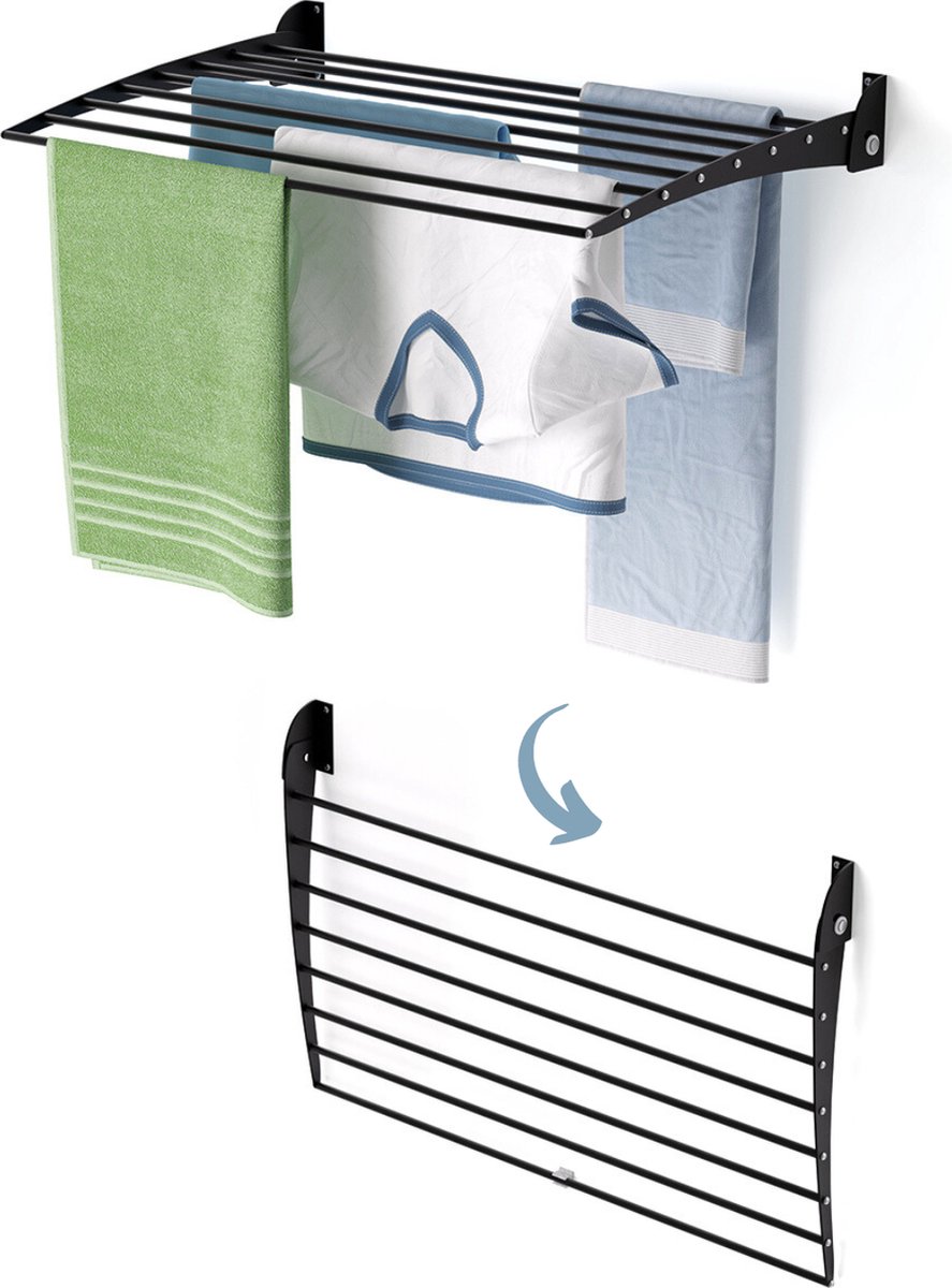 Foxydry Fold 82 cm DOWN - black - wasdroogrek wandmontage clicksysteem - neerwaartse sluiting - 82 x 50 x 10 cm