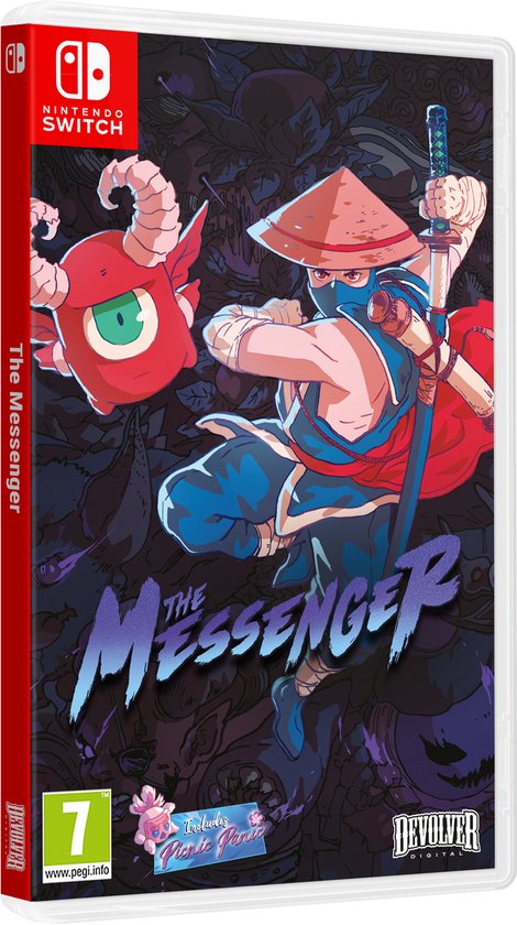 Nintendo Switch hoesje van The Messenger game met ninja en rood wezen.