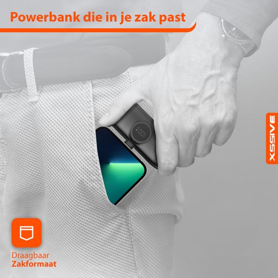 Mini Powerbank 5000 mAh - Compatible avec iPhone 14 Pro Max / iPad avec port Lightning - Chargeur rapide USB C 20 W intégré pour iPhone 16 Pro Max - Chargeur Fast 20 W - Compact et léger - Zwart