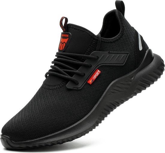 Chaussure de travail noire avec mesh, étiquette rouge 'SPORT' et embout en acier.