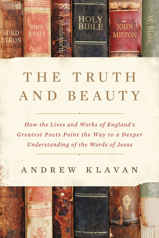 Boekomslag met de titel 'The Truth and Beauty' in het midden, omringd door oude boeken met titels zoals 'Lord Byron' en 'Holy Bible'.