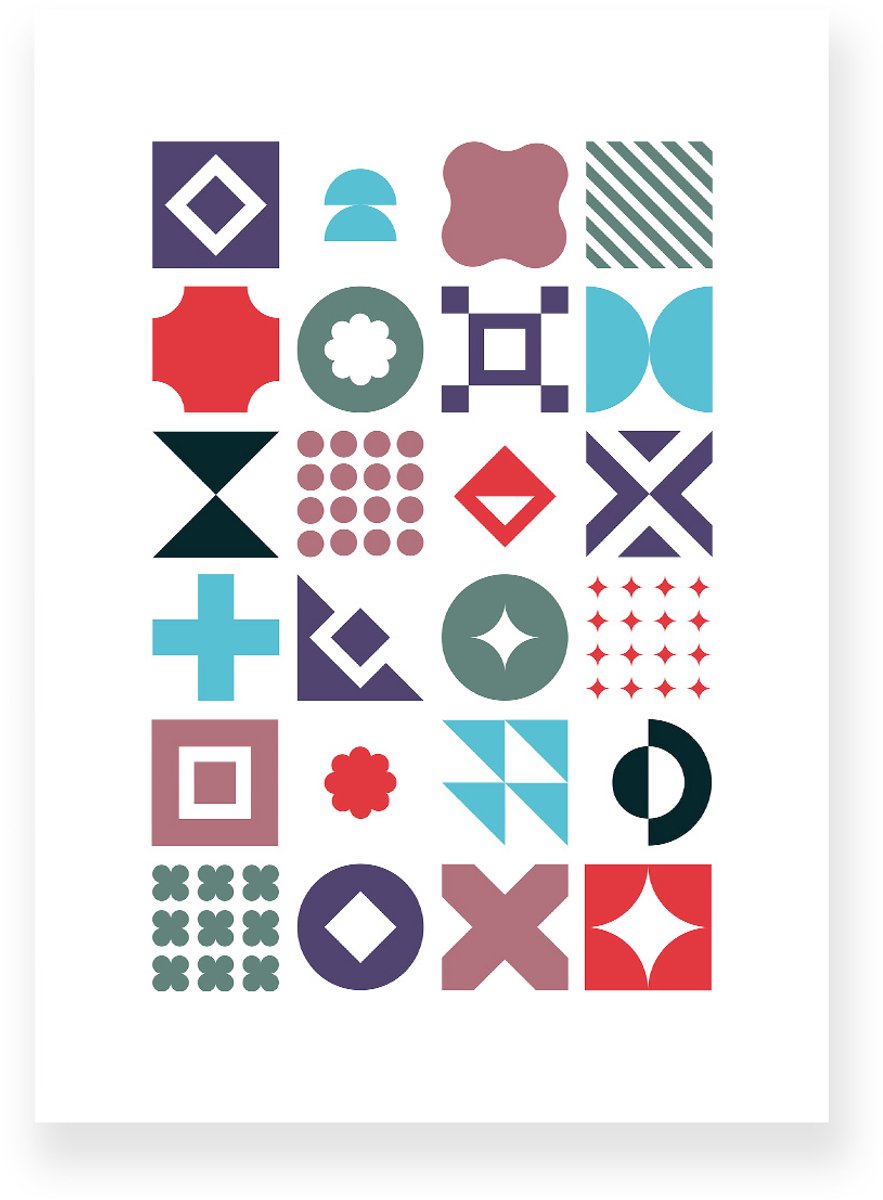 Poster 20x30 cm - Geometrische Vormen - Blauw - Groen - Rood - Abstract - Vintage - Muurdecoratie - Wanddecoratie