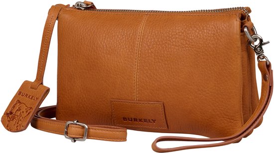 Bruine leren tas met een ritssluiting en het Burkely logo.