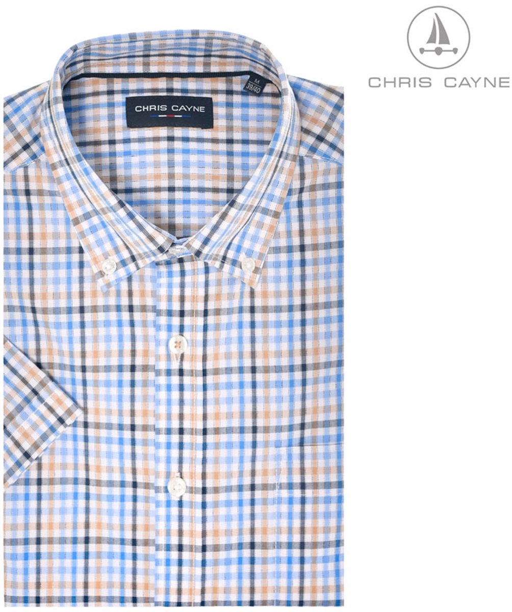 Chris Cayne heren overhemd - korte mouw - XL - borstzak - offwhite/blauw/zand - ruit dessin - 100 % Katoen - borstzak