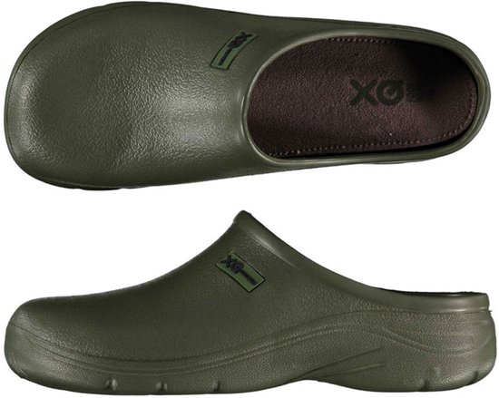 Olijfgroene XQ Footwear klomp, van de zijkant en bovenaf gezien.