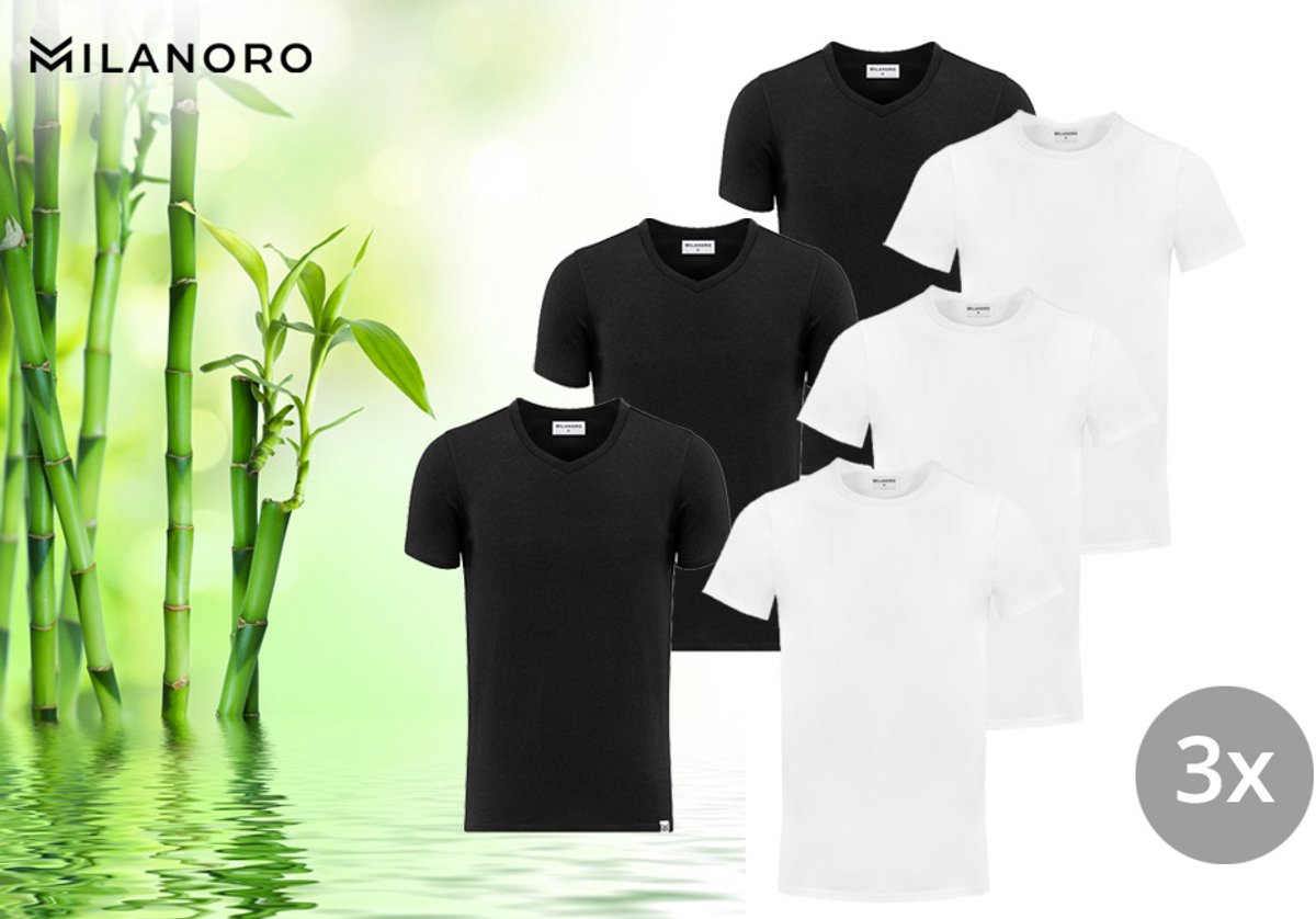 Milanoro - 3 zachte bamboe T-shirts - Wit - V-hals - M