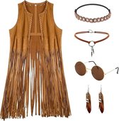 kasahara Hippie-kostuum voor dames, jaren '70, Cowgirl-set met franjesjas, boho chique outfit voor carnaval, Halloween, festival en retro kostuumfeest (bruin, XL