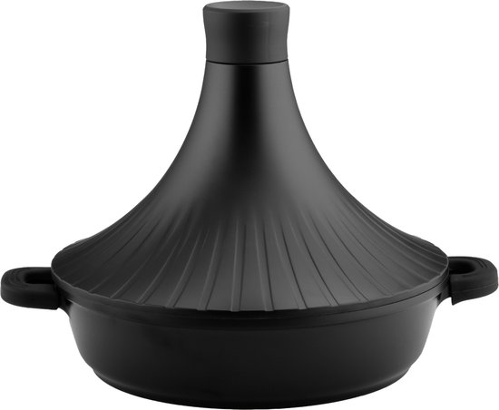 Zwarte tajine met geribbelde deksel en twee handvatten.