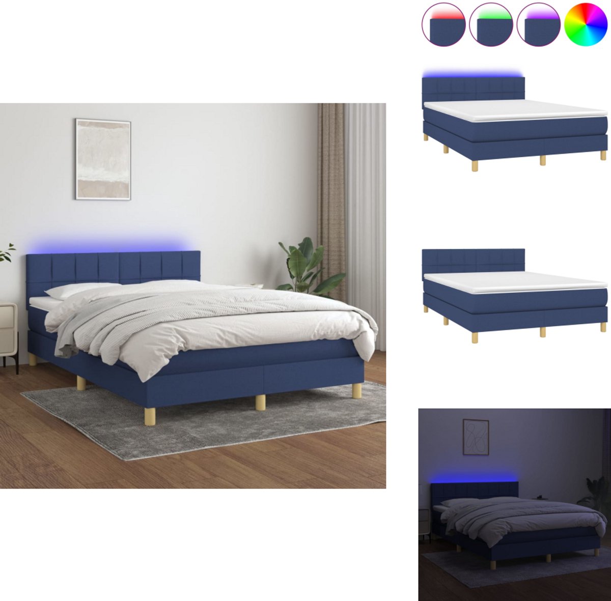 vidaXL Boxspring - Boxsprings - Bed - Slaapmeubel - Boxspring met matras en LED stof blauw 140x190 cm