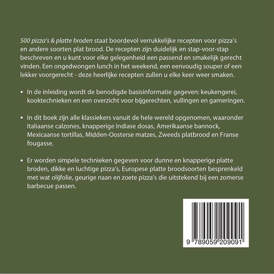 Boek "500 pizza's & platte broden" met tekst over recepten en inhoudsopgave.