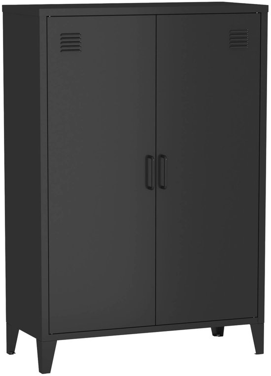 Armoire métallique noire de bureau avec deux portes, deux poignées et quatre pieds inclinés. Aérations sur le dessus.