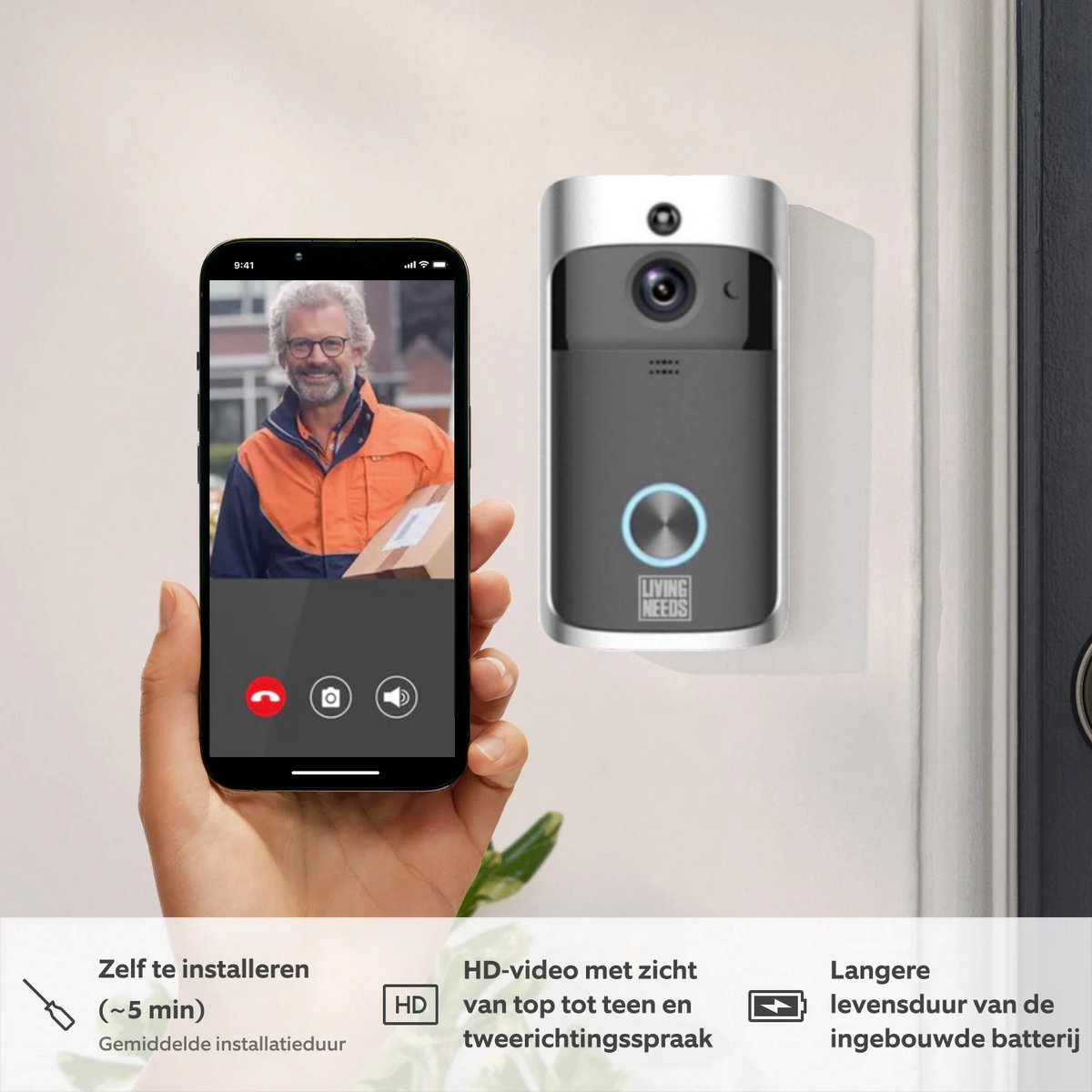 Afbeelding 2 van Living Needs Video Deurbel – Draadloos – HD Camera – Nachtzicht – App & Bewegingsmelder.