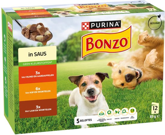 6x Purina Bonzo (Friskies) met rund, kip, lam in saus maaltijdzakjes natvoer hond 12x 85g