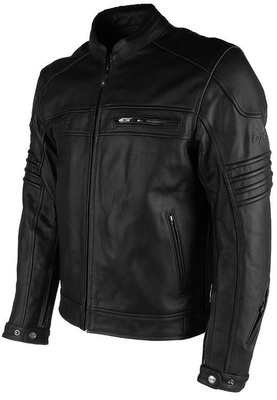 Zwarte leren motorjas voor heren, zijaanzicht, met rits, hoge kraag en ce-keurmerk logo.