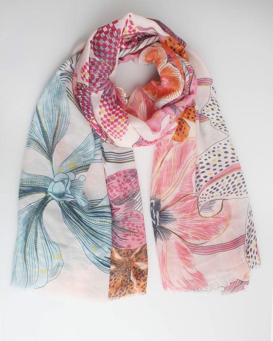 Flower scarf- Accessories Junkie Amsterdam- Dames- Lange sjaal- Katoen- Zomer lente- Bloem print- Blauw roze oranje wit