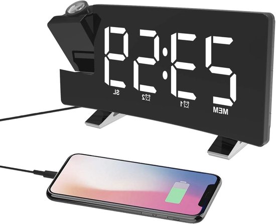 Foto: Caliber wekker digitale wekker slimline twee alarmen groot dimbaar meerkleurig led display usb oplader wit hcg024