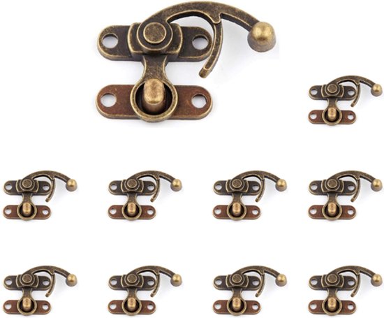 Een set van tien bronzen antieke kistsluitingen, elk met een decoratief gebogen haakje en een knopje.