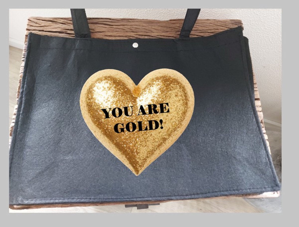 Bedrukte tas met goud hart en tekst You are Gold, Tas met tekst, Zwarte tas, Vilt tas, Shoppen, Tas, XLX®