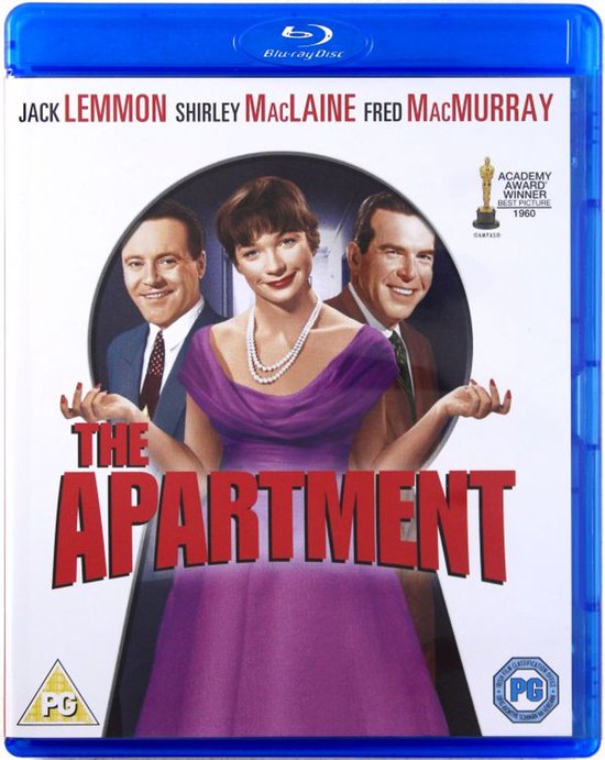 Jack Lemmon, Shirley MacLaine en Fred MacMurray op de filmposter van 'The Apartment'. MacLaine draagt een paarse jurk.