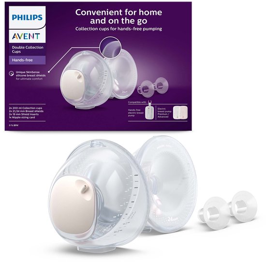 Philips Avent SCF439/01 Dubbele Opvangcups – Handsfree Kolven | Ultralicht & Draagbaar | SkinSense Siliconen voor Comfortabele Pasvorm | Transparante Cups voor Optimale Controle
