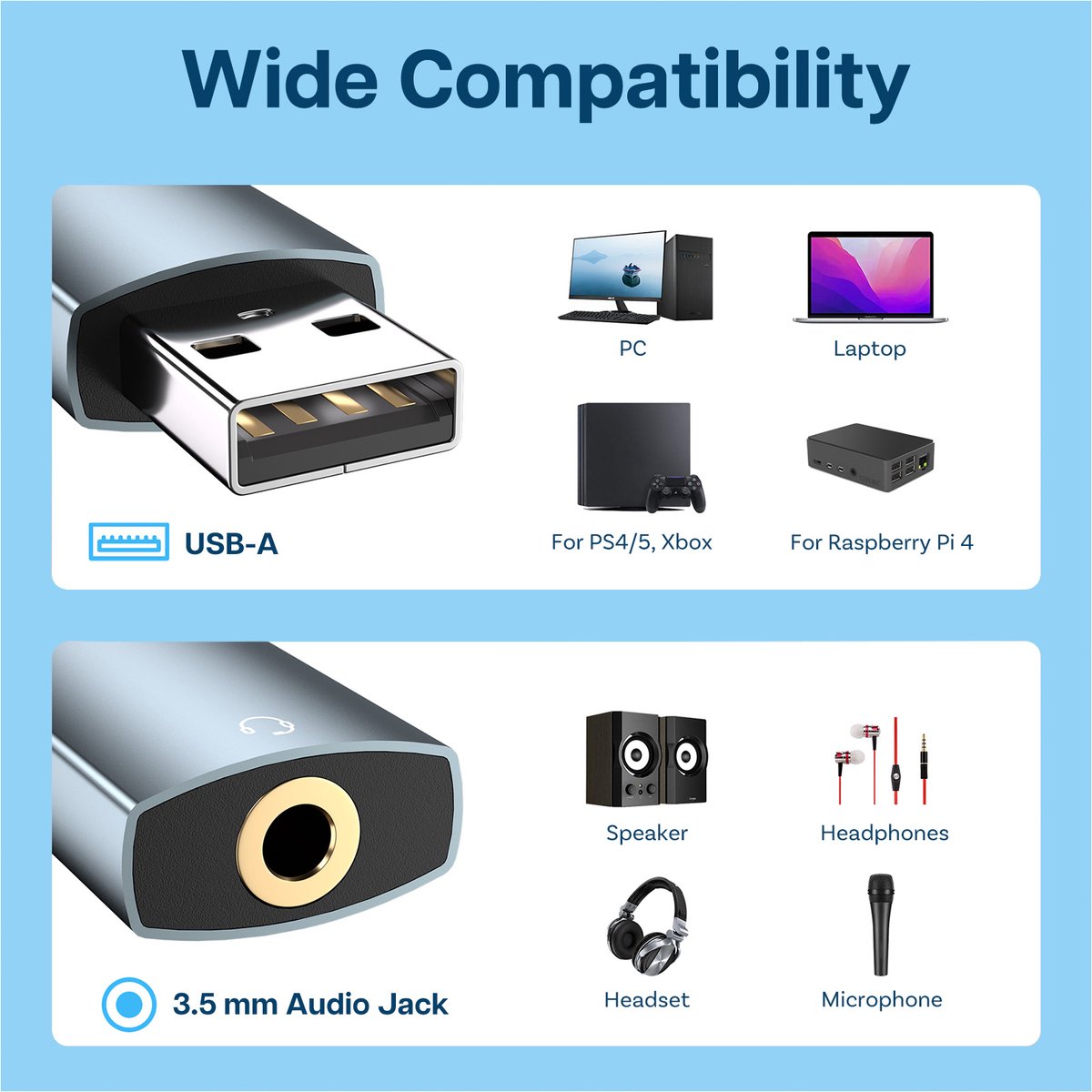USB Externe Geluidskaart – 3,5 Mm Jack Adapter – Voor Headset En Microfoon – Plug & Play – Geschikt Voor PC, Laptop En PS4